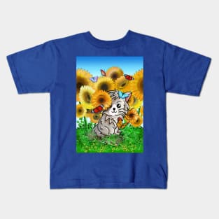 Cute cartoon cat and butterflies in a sunflower field Kids T-Shirt